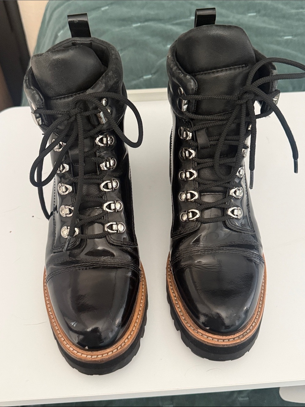 Marc Fisher Black Leather Lace-Up Hiking Style Boots with Tan Welt